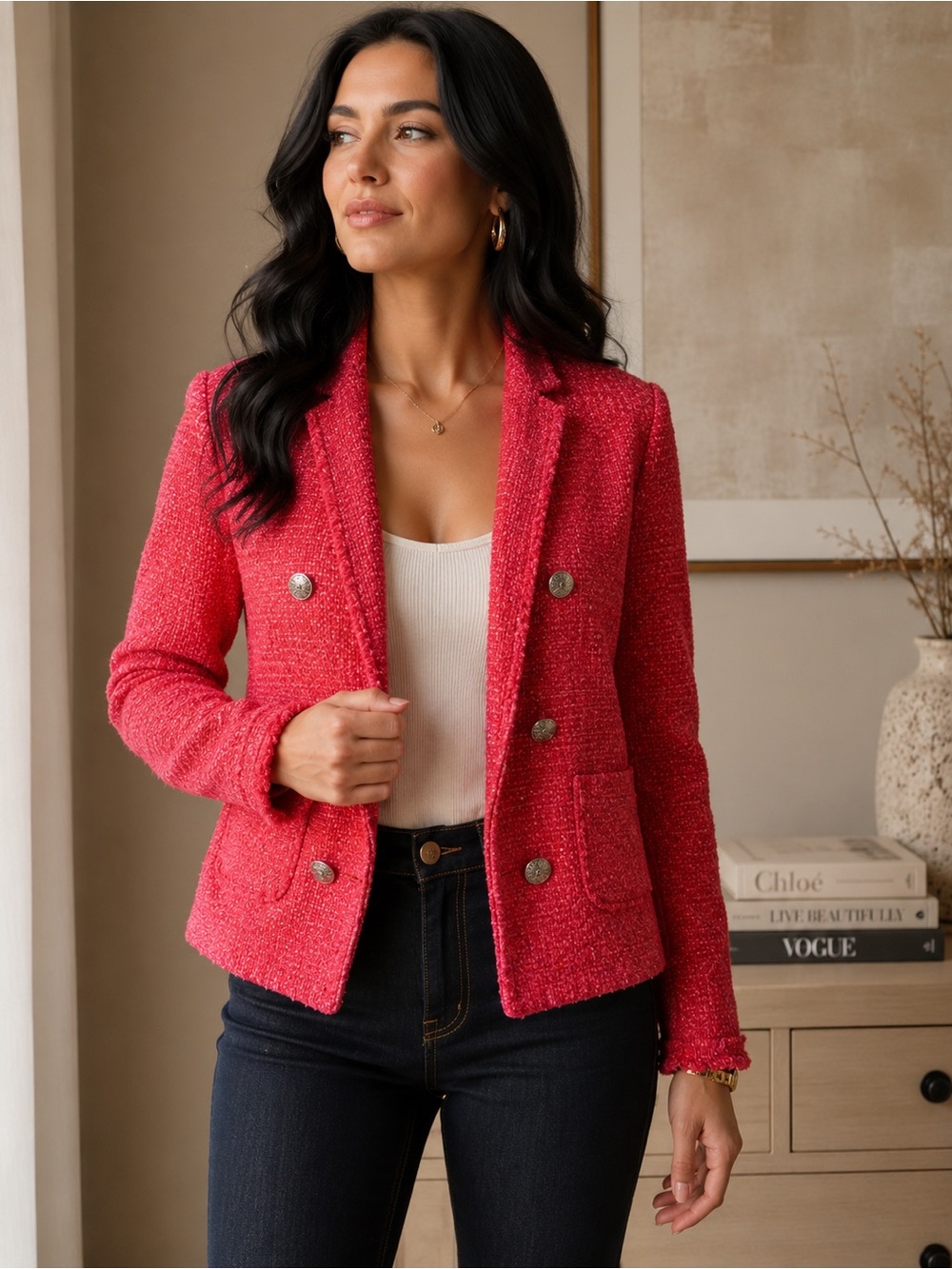 NIC+ZOE Vibrant Red Bouclé Double-Breasted Cardigan